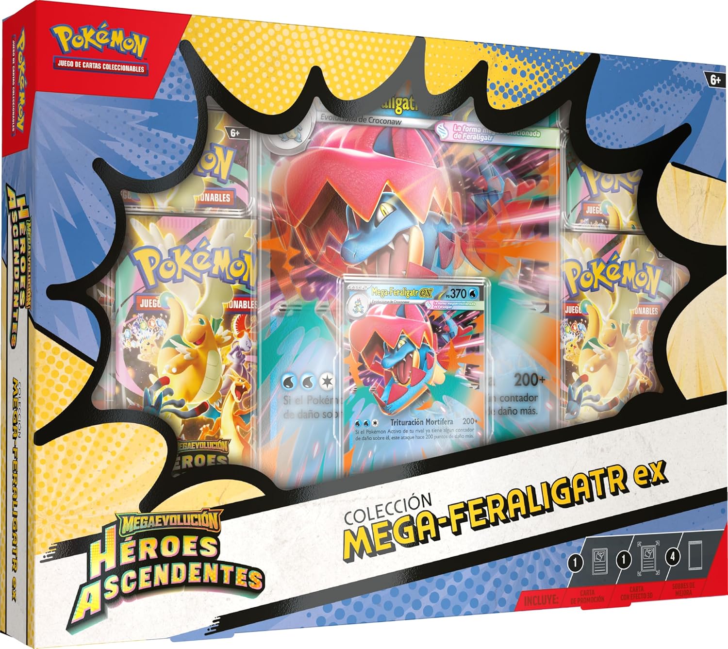 Pokémon: Colección de Megaevolución-Héroes Ascendentes (1 Carta holográfica de promoción, 1 Carta de Gran tamaño con Efecto 3D y 4 Sobres de Mejora)