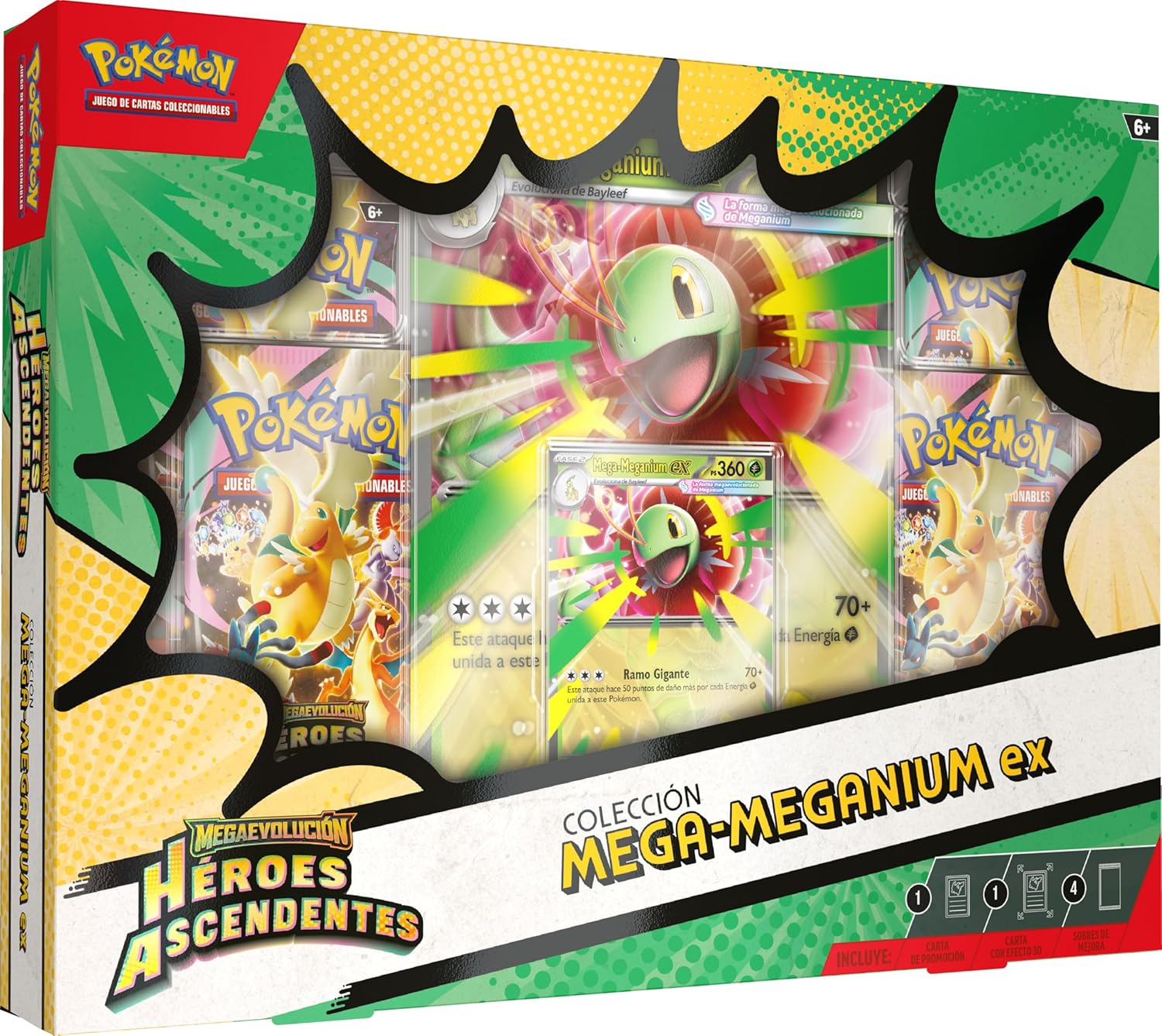 Pokémon: Colección de Megaevolución-Héroes Ascendentes (1 Carta holográfica de promoción, 1 Carta de Gran tamaño con Efecto 3D y 4 Sobres de Mejora)